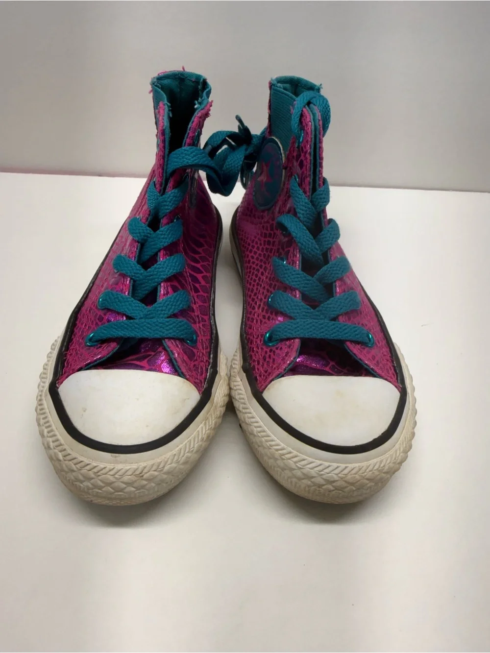 Converse Youth High-Top Sneakers in Teal with Pink Stitching